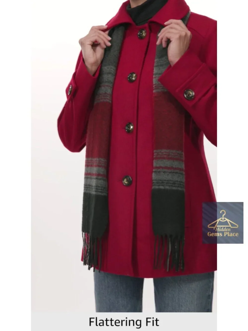 Wool Blend Peacoat with Scarf, Button Front, Long Sleeve, Seamed Pockets,